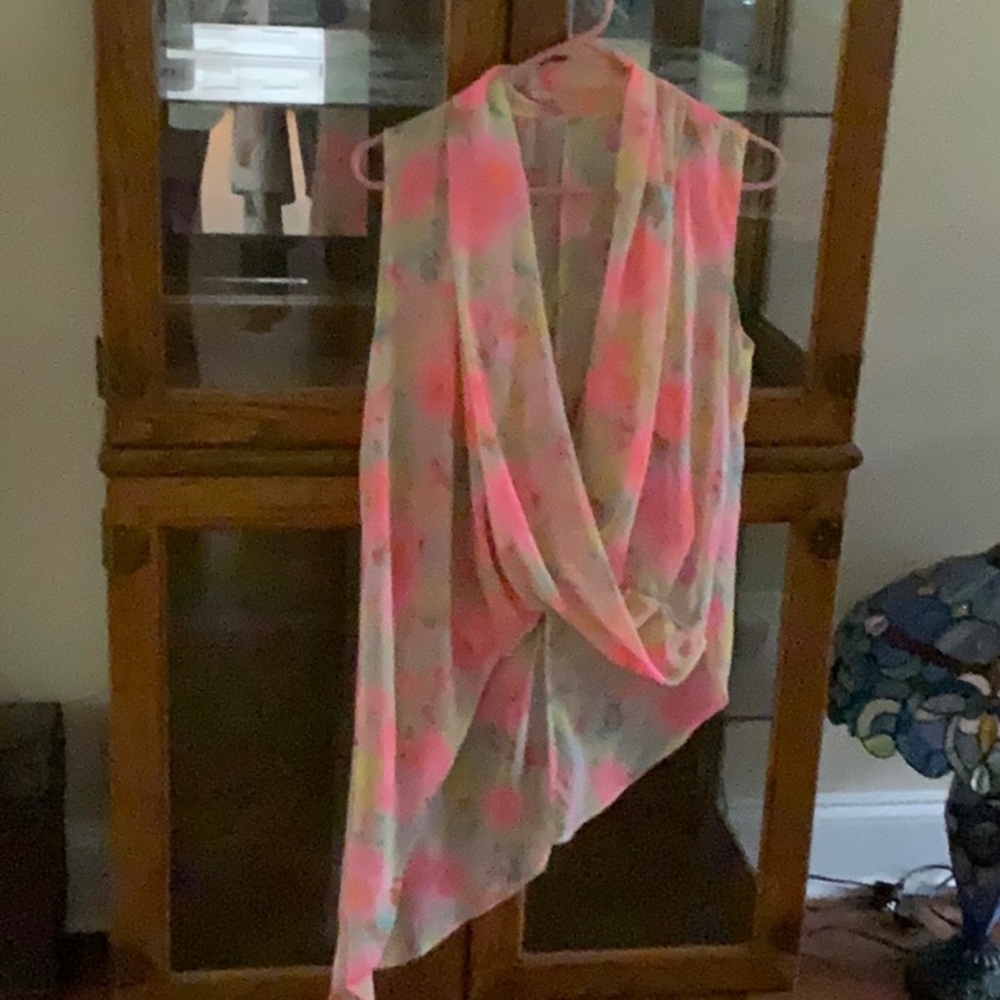 Pink and Green Sleeveless Drape Top